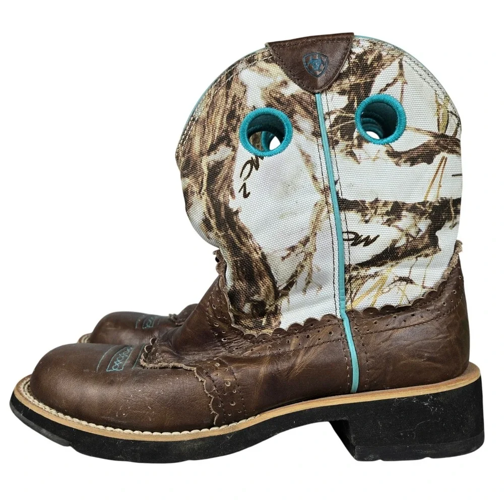 Ariat Fatbaby Camo Western Boots Brown Leather Teal Trim 10009503 Womens 7.5B